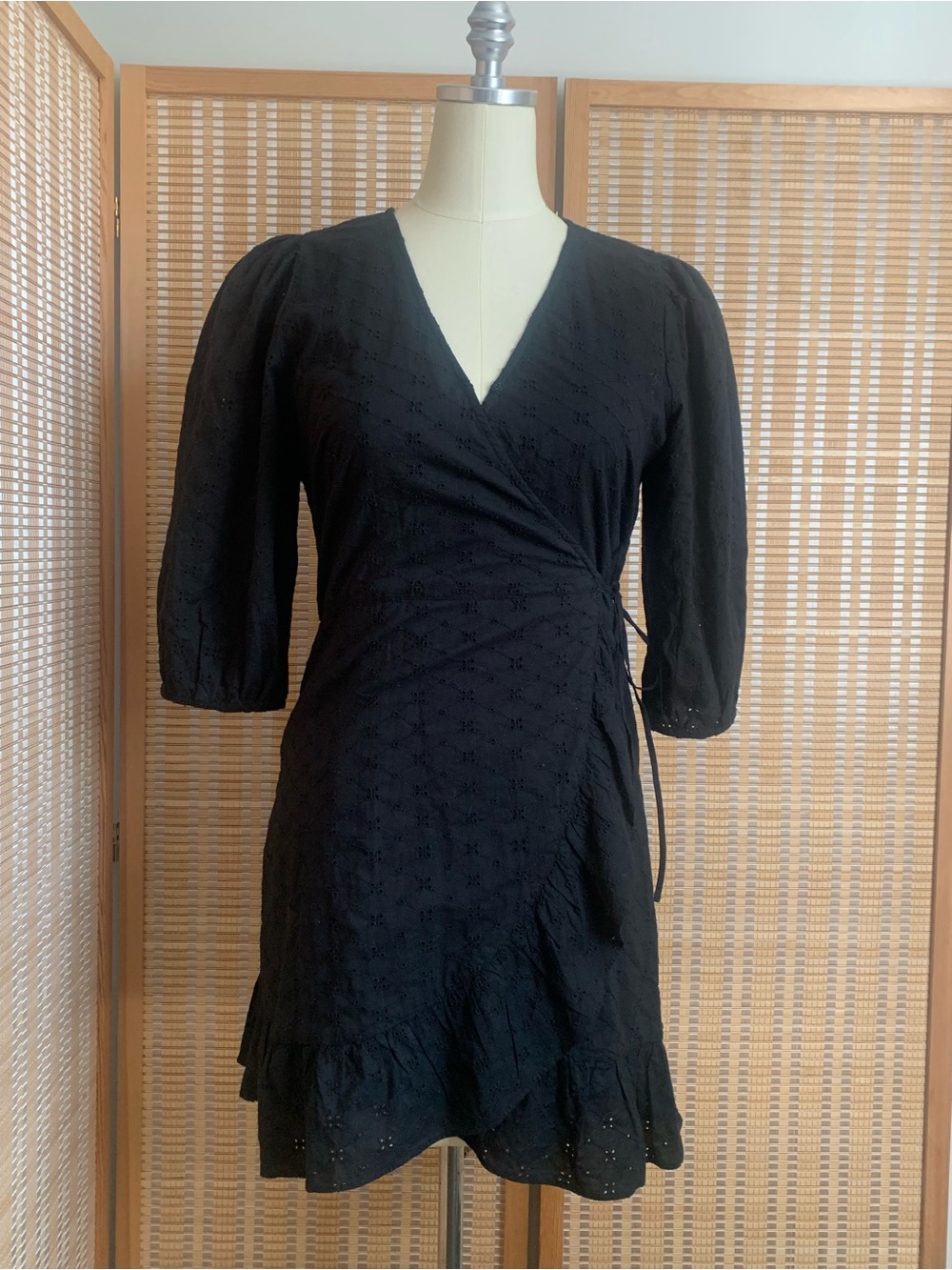 GAP Black Eyelet Wrap Dress with Puff Sleeves